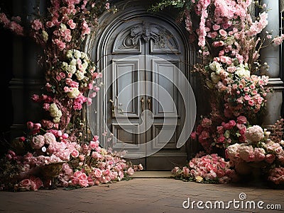 luxury elegant Garden background door beautiful pink flowers , big windows , room for copyempty Stock Photo