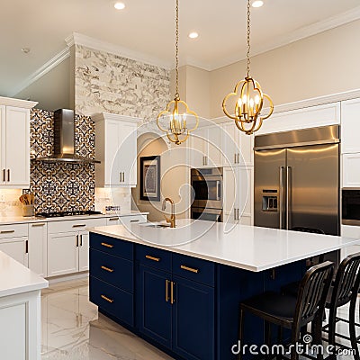 Luxury White Kitchen Home Design Stock Photo