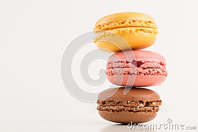 Macarons Pile, Colorful Stack of three Macarons, isolated on white background, copy space Stock Photo
