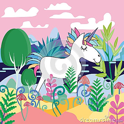 Beautiful magic forest scene with Cute Magical Unicorn Vector Illustration