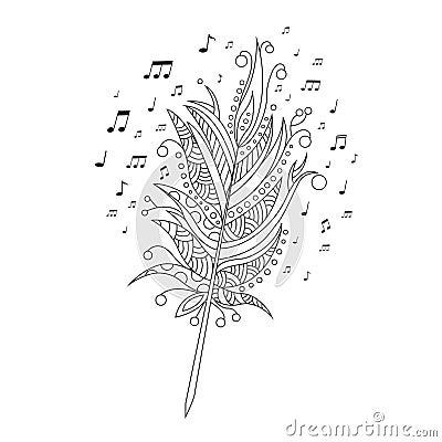 Beautiful magic music bird feather with notes. Coloring book Vector illustration Vector Illustration