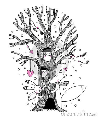 Beautiful magic tree, fox, hare angel and owl. Vector Illustration