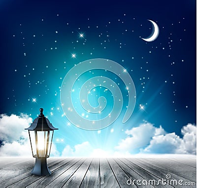 Beautiful magical night background with moon and lantern. Vector Illustration