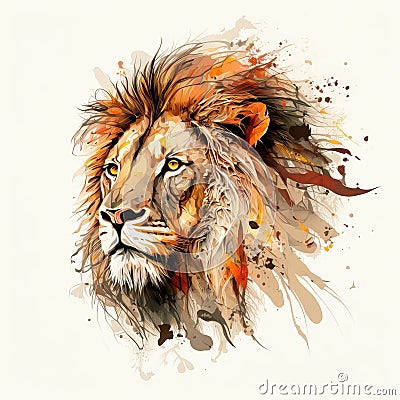 Beautiful majestic lion head portrait on white background. Illustration painting, grunge style. Generative Ai Stock Photo