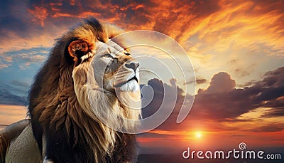 Beautiful majestic lion looking up into a sunset sky. Stock Photo