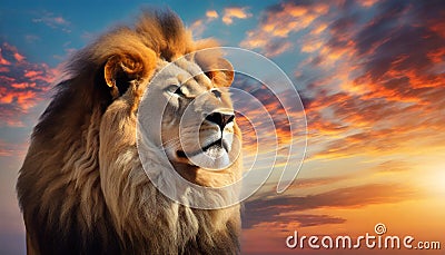 Beautiful majestic lion looking up into a sunset sky. Stock Photo