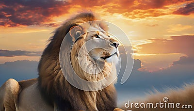 Beautiful majestic lion looking up into a sunset sky. Stock Photo