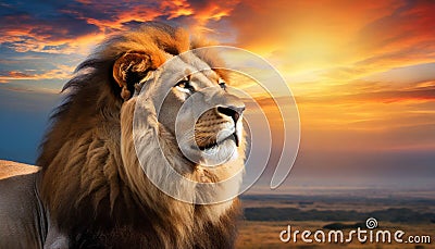 Beautiful majestic lion looking up into a sunset sky. Stock Photo