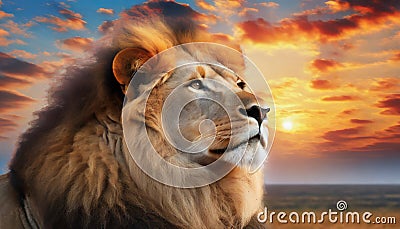 Beautiful majestic lion looking up into a sunset sky. Stock Photo