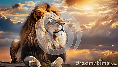 Beautiful majestic lion looking up into a sunset sky. Stock Photo