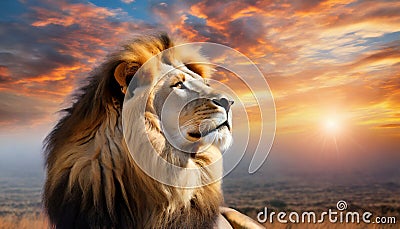 Beautiful majestic lion looking up into a sunset sky. Stock Photo