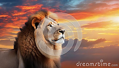 Beautiful majestic lion looking up into a sunset sky. Stock Photo