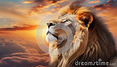 Beautiful majestic lion looking up into a sunset sky. Stock Photo