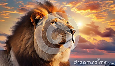 Beautiful majestic lion looking up into a sunset sky. Stock Photo