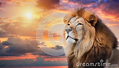 Beautiful majestic lion looking up into a sunset sky. Stock Photo