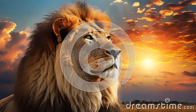 Beautiful majestic lion looking up into a sunset sky. Stock Photo