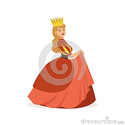 Beautiful majestic queen or princess in red dress and gold crown, fairytale or European medieval character colorful Vector Illustration