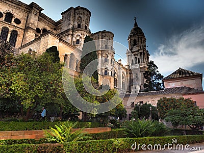 Beautiful Malaga with tropical palm tree over beautiful sky. Palms and beautiful sky background Stock Photo