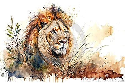 Beautiful male lion in the African savanna, watercolor illustration generated by AI Cartoon Illustration