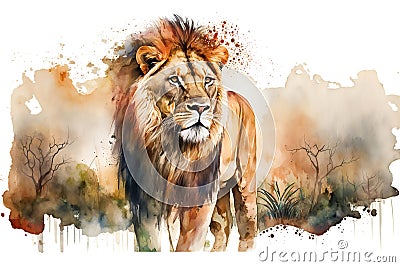 Beautiful male lion in the savanna, watercolor illustration generated by AI Cartoon Illustration