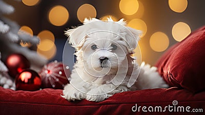 Fluffy Maltese Puppy Relaxing Near The Decorated Christmas Tree - Generative AI Stock Photo