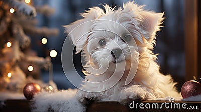 Sweet Maltese Puppy Relaxing By a Decorated Christmas Tree - Generative AI Stock Photo