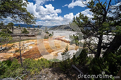 The beautiful Mammoth Hot Springs area of Yellowstone National Park, boardwalks and geysers shown Stock Photo