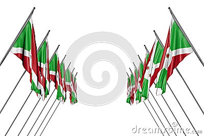 Beautiful many Burundi flags hanging on in corner poles from left and right sides isolated on white - any feast flag 3d Cartoon Illustration