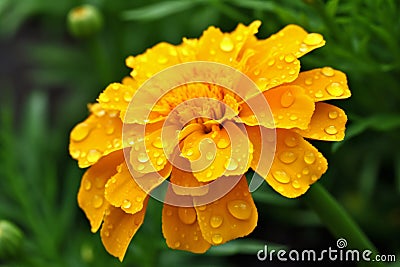 Beautiful marigold flower with drops of water after the rain Cartoon Illustration