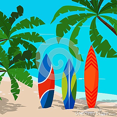 Beautiful marine landscape with colored surfboard - ocean, palm trees, sand coastline Vector Illustration