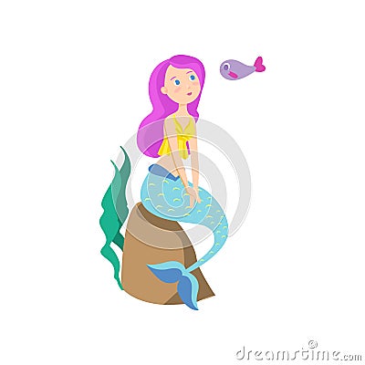 Beautiful marine mermaid with pink hair and blue tail Vector Illustration