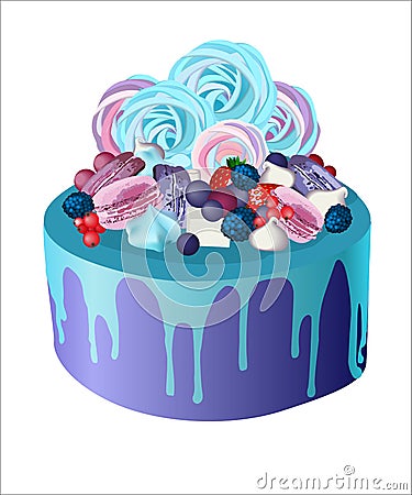 Beautiful marshmallow cake biscuits berries icing strawberries blackberry cookies Vector Illustration