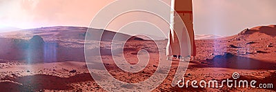 Landscape on planet Mars, spaceship landing on the red planet`s surface 3d space rendering banner Stock Photo