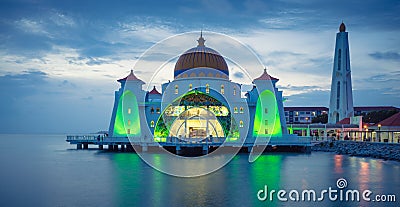 Masjid Selat mosque in Melaka city in Malaysia at night Editorial Stock Photo