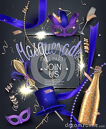 Beautiful masquerade banner with masks, beads, sparklers, bottles and glasses of champagne and ribbons. Vector Illustration