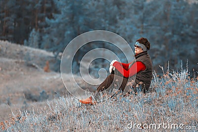 beautiful mature woman traveler enjoys the nature Stock Photo