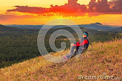 beautiful mature woman traveler enjoys the nature Stock Photo