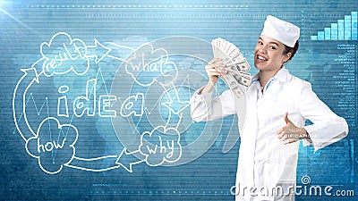 Beautiful medical woman doctor in uniform. Studio painted background. Concept of profitable health care. Stock Photo