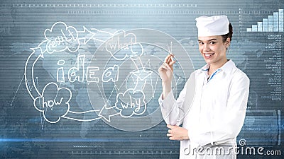 Beautiful medical woman doctor in uniform. Studio painted background. Concept of profitable health care. Stock Photo