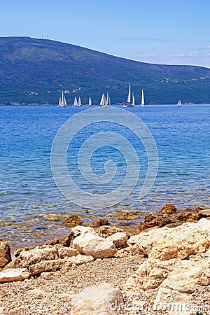 Beautiful Mediterranean landscape. View of Kotor Bay with sailboats on water. Montenegro, Adriatic Sea Editorial Stock Photo