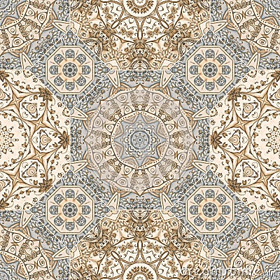 Beautiful Mediterranean pattern of octagonal and square ceramic tiles in light blue and beige colors. Seamless patchwork design. Stock Photo