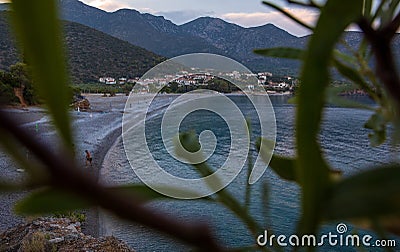 Beautiful Megali ammos beach in Kyparissi Laconia, Peloponnese, Zorakas Bay, Greece in summer after sunset. Stock Photo