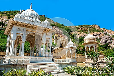 Beautiful memorial grounds to Maharaja Sawai Mansingh II and family constructed of marble. Editorial Stock Photo