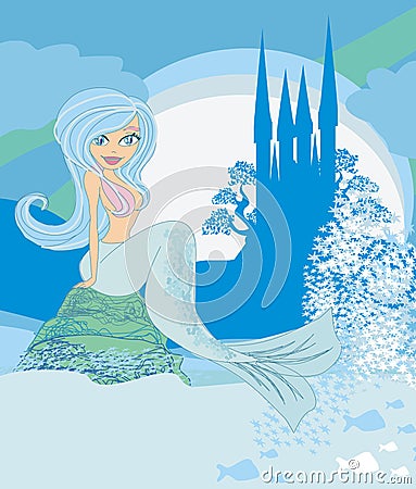 Beautiful mermaid,castle and fish Vector Illustration