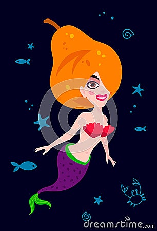 Beautiful mermaid. Delicious pear Vector Illustration