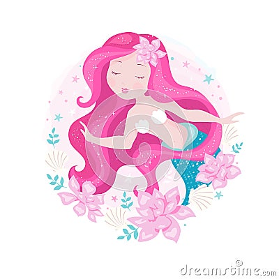 Beautiful mermaid with pink flowers and shells and leaves. Illustration for t shirts and fabrics or kids fashion artworks, childre Cartoon Illustration