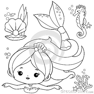 Beautiful mermaid and sea animals. Vector black and white coloring page Vector Illustration