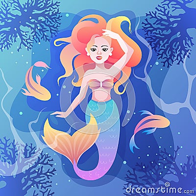 beautiful mermaid in the sea. underwater world Cartoon Illustration