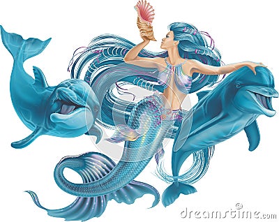 Mermaid and dolphins on a white background. Stock Photo