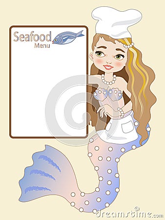 Beautiful mermaid with sign for sea fish restaurant Vector Illustration